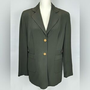 Jones New York Silk Blazer Olive Green Single Breasted Pockets Size 12 Career